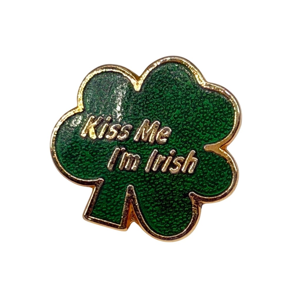 Kiss Me I'm Irish Shamrock Pin Green Enamel Gold Tone St Patricks Day Clover